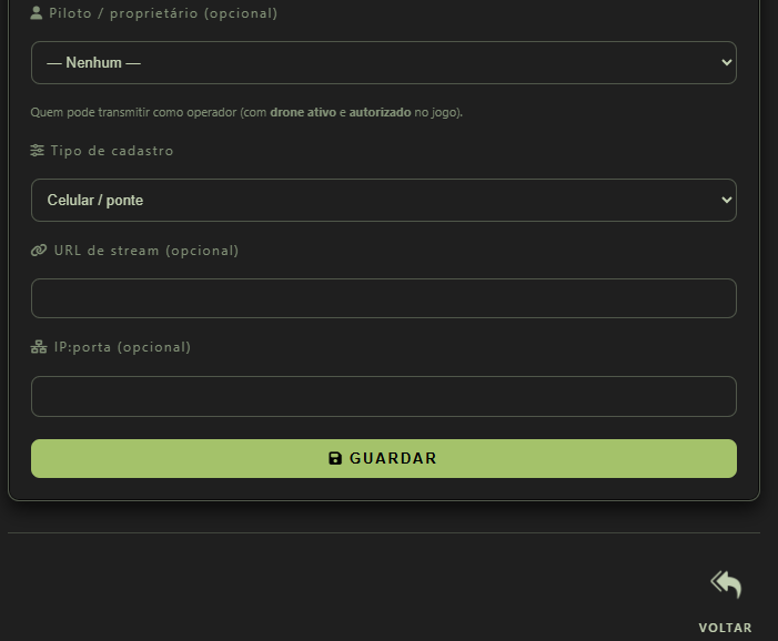 Cadastro de drone: tipo Celular/ponte, URL de stream e IP:porta opcionais, botão Guardar.